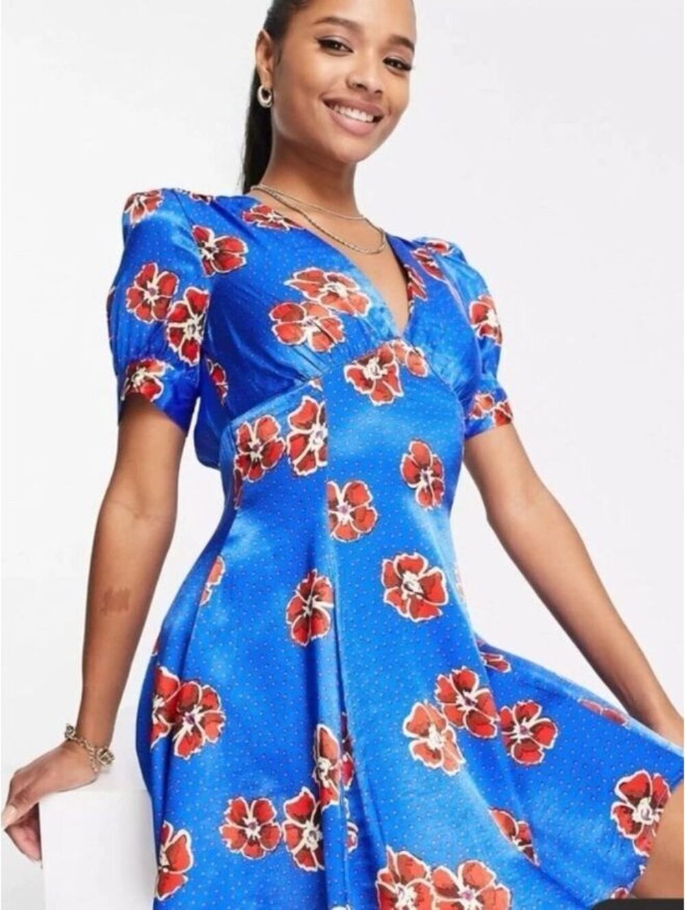 Topshop Blue Red Floral Puff Sleeve Mini Dress Petite 14 NWT